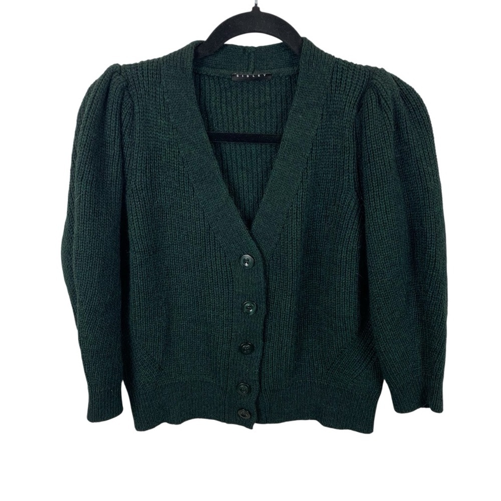 Sisley XS Forest Green Wool Alpaca Blend Knit V-Neck Cardigan Puffed Shoulders